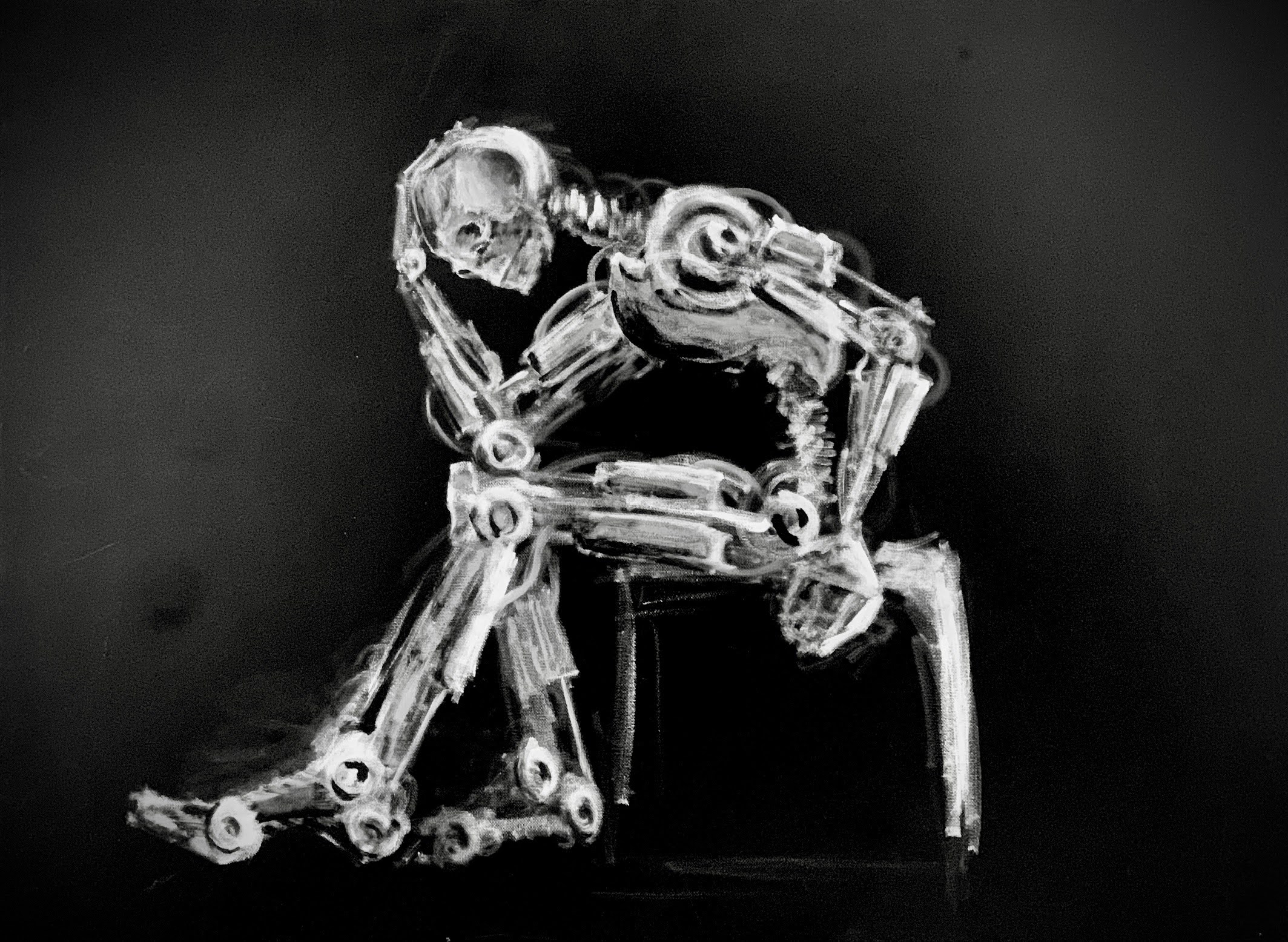 acrylic painting of an automaton in despair